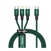 Кабель для быстрой зарядки BASEUS Rapid Series 3-in-1, Type-C to MicroUSB+Type-C+Lightning, PD 20W, 1.5 метра, Зеленый, CAMLT-SC06