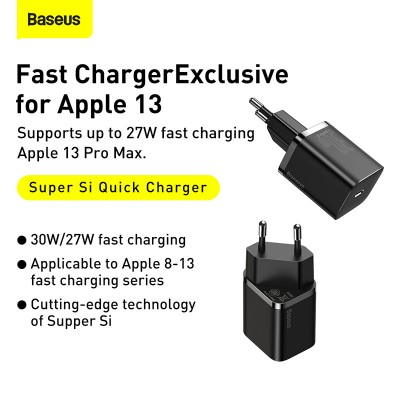 Зарядное устройство BASEUS Super Si USB-C, 3A, 30W, черный Зарядное устройство BASEUS Super Si USB-C, 3A, 30W, черный