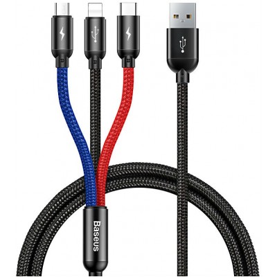 Кабель USB BASEUS Three Primary Colors 3-in-1, USB - MicroUSB+Type-C+Lightning, 3.5A, 30 см, черный Кабель USB BASEUS Three Primary Colors 3-in-1, USB - MicroUSB+Type-C+Lightning, 3.5A, 30 см, черный