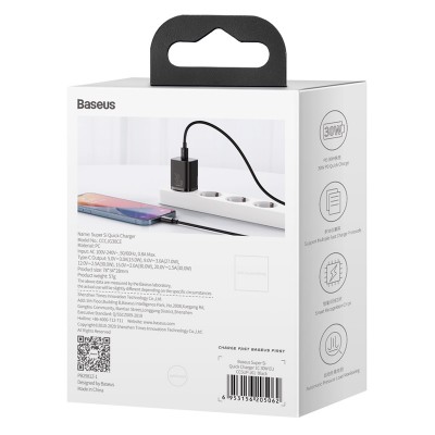 Зарядное устройство BASEUS Super Si USB-C, 3A, 30W, черный Зарядное устройство BASEUS Super Si USB-C, 3A, 30W, черный