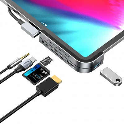 Переходник/Адаптер BASEUS Bend Angle, Разветвитель, USB3.0+SD+Micro SD+HDMI+Audio 3.5+Type-C PD, серебристый+черный Переходник/Адаптер BASEUS Bend Angle, Разветвитель, USB3.0+SD+Micro SD+HDMI+Audio 3.5+Type-C PD, серебристый+черный