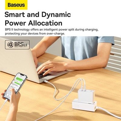 Зарядное устройство BASEUS GaN5 Pro Fast Charger USB+Type-C + Кабель Type-C-Type-C, 5A, 100W, белый Зарядное устройство BASEUS GaN5 Pro Fast Charger USB+Type-C + Кабель Type-C-Type-C, 5A, 100W, белый