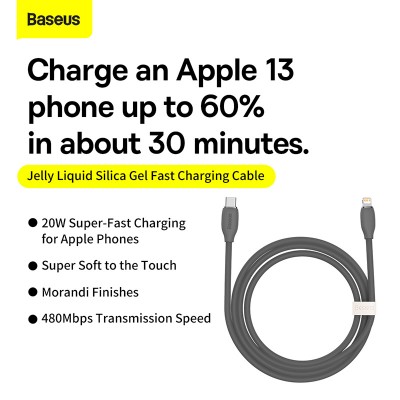 Кабель USB-C BASEUS Jelly Liquid Silica Gel, Type-C - Lightning, 20W, 2 м, черный Кабель USB-C BASEUS Jelly Liquid Silica Gel, Type-C - Lightning, 20W, 2 м, черный