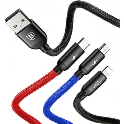 Кабель USB BASEUS Three Primary Colors 3-in-1, USB - MicroUSB+Type-C+Lightning, 3.5A, 30 см, черный Кабель USB BASEUS Three Primary Colors 3-in-1, USB - MicroUSB+Type-C+Lightning, 3.5A, 30 см, черный