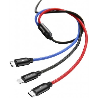 Кабель USB BASEUS Three Primary Colors 3-in-1, USB - MicroUSB+Type-C+Lightning, 3.5A, 30 см, черный Кабель USB BASEUS Three Primary Colors 3-in-1, USB - MicroUSB+Type-C+Lightning, 3.5A, 30 см, черный