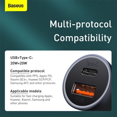 Автомобильное зарядное устройство BASEUS Golden Contactor Pro Dual, USB+USB-C + Кабель USB-Type-C, 5A, 40W, темно-серый Автомобильное зарядное устройство BASEUS Golden Contactor Pro Dual, USB+USB-C + Кабель USB-Type-C, 5A, 40W, темно-серый