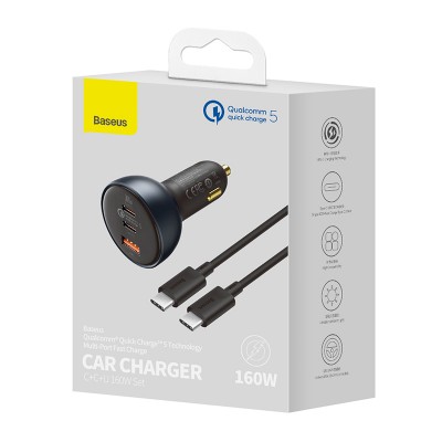 Автомобильное зарядное устройство BASEUS Qualcomm Quick Charge 5 Multi-port, USB+2*USB-C + Кабель Type-C-Type-C, 5A, 160 Автомобильное зарядное устройство BASEUS Qualcomm Quick Charge 5 Multi-port, USB+2*USB-C + Кабель Type-C-Type-C, 5A, 160