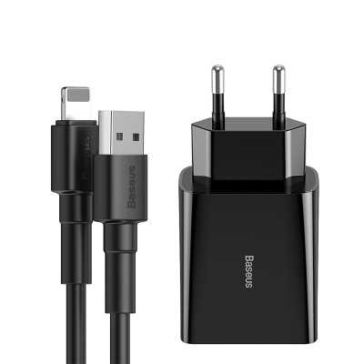 Зарядное устройство BASEUS Speed Mini Dual U Travel 2*USB + Кабель USB-Lightning, 2.1A, 10.5W, черный Зарядное устройство BASEUS Speed Mini Dual U Travel 2*USB + Кабель USB-Lightning, 2.1A, 10.5W, черный