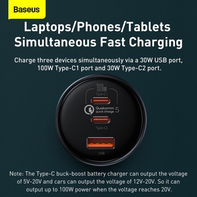 Автомобильное зарядное устройство BASEUS Qualcomm Quick Charge 5 Multi-port, USB+2*USB-C + Кабель Type-C-Type-C, 5A, 160 Автомобильное зарядное устройство BASEUS Qualcomm Quick Charge 5 Multi-port, USB+2*USB-C + Кабель Type-C-Type-C, 5A, 160