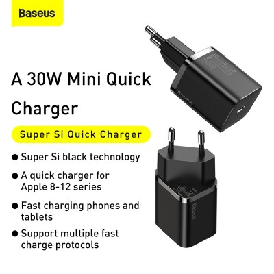 Зарядное устройство BASEUS Super Si USB-C, 3A, 30W, черный Зарядное устройство BASEUS Super Si USB-C, 3A, 30W, черный
