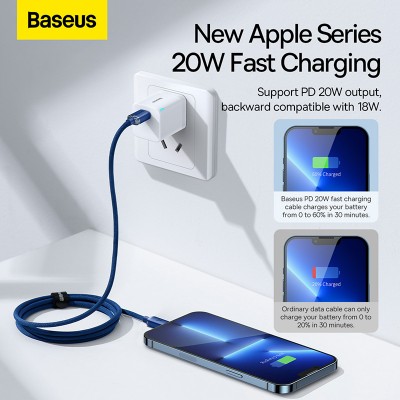 Кабель USB-C BASEUS Crystal Shine Series Fast Charging, Type-C - Lightning, 20W, 1,2м, синий Кабель USB-C BASEUS Crystal Shine Series Fast Charging, Type-C - Lightning, 20W, 1,2м, синий