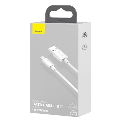 Кабель USB BASEUS Simple Wisdom Data Cable Kit, USB - Lightning, 2.4А, 1.5 м, белый, 2шт Кабель USB BASEUS Simple Wisdom Data Cable Kit, USB - Lightning, 2.4А, 1.5 м, белый, 2шт