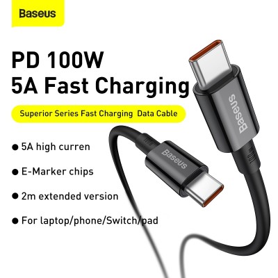 Кабель USB-C BASEUS Superior Series Fast Charging, Type-C - Type-C, 100W, 2 м, черный Кабель USB-C BASEUS Superior Series Fast Charging, Type-C - Type-C, 100W, 2 м, черный
