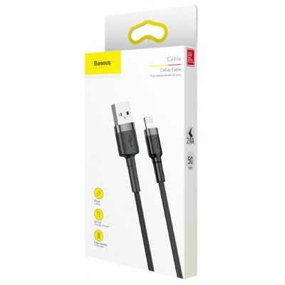 Кабель USB BASEUS Cafule, USB - Lightning, 2.4А, 0,5 м, серый+черный Кабель USB BASEUS Cafule, USB - Lightning, 2.4А, 0,5 м, серый+черный