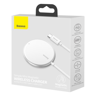 Беспроводное зарядное устройство BASEUS Simple Mini Magnetic BS-W522 + Кабель Type-C, 2A, 15W, белый Беспроводное зарядное устройство BASEUS Simple Mini Magnetic BS-W522 + Кабель Type-C, 2A, 15W, белый
