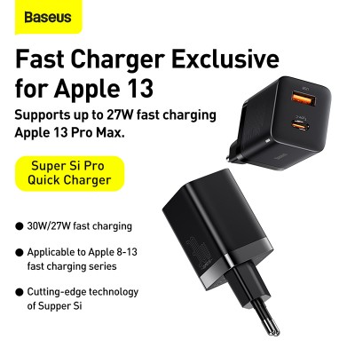 Зарядное устройство BASEUS Super Si Pro USB+Type-C, 3A, 30W, черный Зарядное устройство BASEUS Super Si Pro USB+Type-C, 3A, 30W, черный