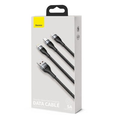 Кабель USB BASEUS Flash Series One-for-three, USB - Lightning+MicroUSB+Type-C, 5A, 1,2м, серый+черный Кабель USB BASEUS Flash Series One-for-three, USB - Lightning+MicroUSB+Type-C, 5A, 1,2м, серый+черный