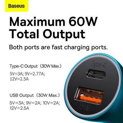 Автомобильное зарядное устройство BASEUS Golden Contactor Max Dual, USB+Type-C, 8A, 60W, синий Автомобильное зарядное устройство BASEUS Golden Contactor Max Dual, USB+Type-C, 8A, 60W, синий