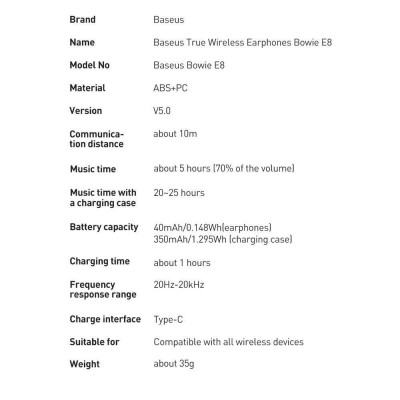 Беспроводные наушники BASEUS Bowie E8, Bluetooth, 40 мАч, черный Беспроводные наушники BASEUS Bowie E8, Bluetooth, 40 мАч, черный