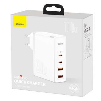 Зарядное устройство BASEUS GaN2 Pro Quick Charger 2*USB+2*USB-C, 5A, 100W, белый Зарядное устройство BASEUS GaN2 Pro Quick Charger 2*USB+2*USB-C, 5A, 100W, белый