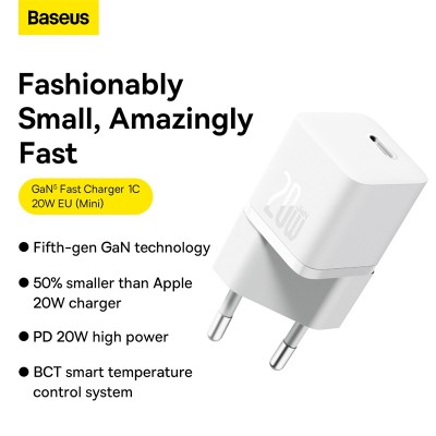 Зарядное устройство BASEUS GaN5 Fast Charger(mini) USB-C, 3A, 20W, белый Зарядное устройство BASEUS GaN5 Fast Charger(mini) USB-C, 3A, 20W, белый