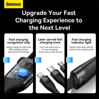 Кабель USB BASEUS Flash Series Ⅱ One-for-three, Type-C - Lightning+MicroUSB+Type-C, 3.5A, 1,5м, черный Кабель USB BASEUS Flash Series Ⅱ One-for-three, Type-C - Lightning+MicroUSB+Type-C, 3.5A, 1,5м, черный