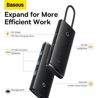 Переходник/Адаптер BASEUS Lite Series 5-Port, Разветвитель, Type-C - 3*USB3.0+HDMI+PD, черный Переходник/Адаптер BASEUS Lite Series 5-Port, Разветвитель, Type-C - 3*USB3.0+HDMI+PD, черный