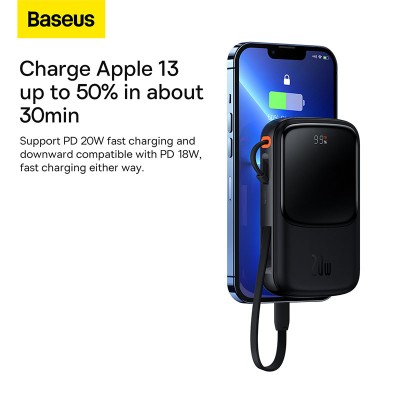 Портативный аккумулятор BASEUS Qpow Pro Digital Display Fast Charge 20W iP Edition, 3A, 10000 мА⋅ч, черный, с кабелем Ty Портативный аккумулятор BASEUS Qpow Pro Digital Display Fast Charge 20W iP Edition, 3A, 10000 мА⋅ч, черный, с кабелем Ty