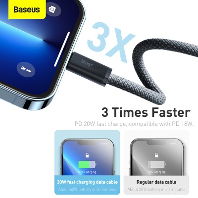 Кабель USB-C BASEUS Dynamic Series Fast Charging, Type-C - Lightning, 20W, 1 м, серый шифер Кабель USB-C BASEUS Dynamic Series Fast Charging, Type-C - Lightning, 20W, 1 м, серый шифер