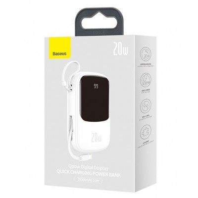 Портативный аккумулятор BASEUS Qpow Digital Display, 3A, 20000 мА⋅ч, белый, с кабелем Lightning Портативный аккумулятор BASEUS Qpow Digital Display, 3A, 20000 мА⋅ч, белый, с кабелем Lightning