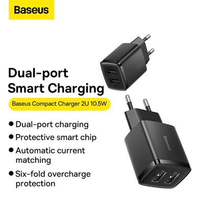 Зарядное устройство BASEUS Compact Charger 2U 2*USB, 2.1A, 10.5W, черный Зарядное устройство BASEUS Compact Charger 2U 2*USB, 2.1A, 10.5W, черный