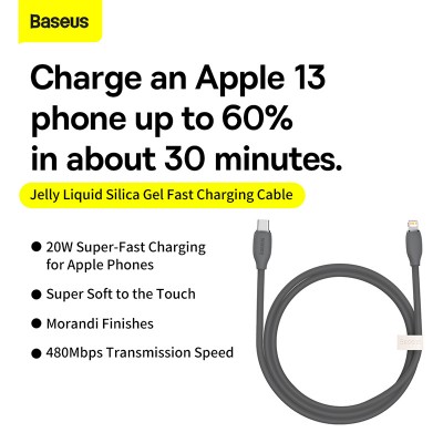 Кабель USB-C BASEUS Jelly Liquid Silica Gel, Type-C - Lightning, 20W, 1.2 м, черный Кабель USB-C BASEUS Jelly Liquid Silica Gel, Type-C - Lightning, 20W, 1.2 м, черный