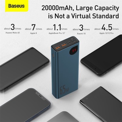 Портативный аккумулятор BASEUS Adaman Metal 65W, 3A, 20000 мА⋅ч, синий, быстрая зарядка, дисплей Портативный аккумулятор BASEUS Adaman Metal 65W, 3A, 20000 мА⋅ч, синий, быстрая зарядка, дисплей