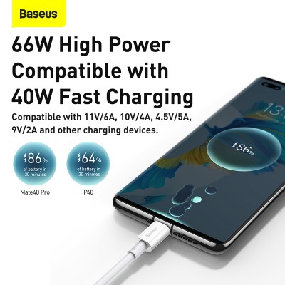 Кабель USB BASEUS Superior Series Fast Charging, USB - Type-C, 6A, 2 м, белый Кабель USB BASEUS Superior Series Fast Charging, USB - Type-C, 6A, 2 м, белый