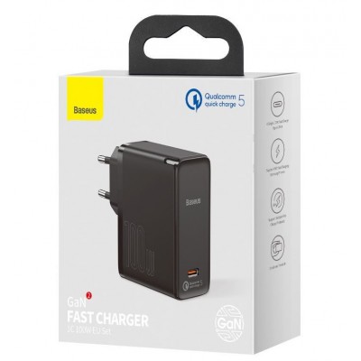 Зарядное устройство BASEUS GaN2 Fast Charger USB-C + Кабель Type-C-Type-C, 3A, 100W, черный Зарядное устройство BASEUS GaN2 Fast Charger USB-C + Кабель Type-C-Type-C, 3A, 100W, черный