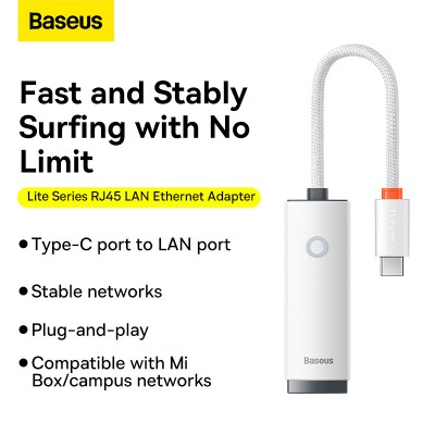 Переходник/Адаптер BASEUS Lite Series Ethernet Adapter, Type-C - RJ45 (1000Mbps), белый Переходник/Адаптер BASEUS Lite Series Ethernet Adapter, Type-C - RJ45 (1000Mbps), белый