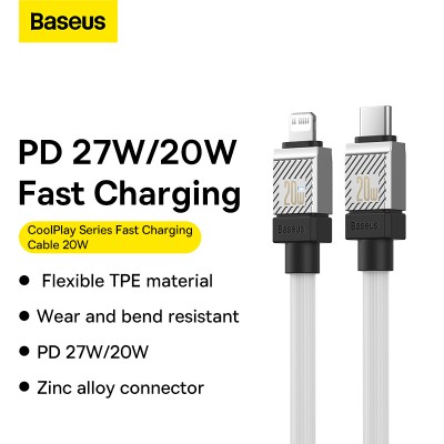 Кабель USB-C BASEUS CoolPlay Series Fast Charging, Type-C - Lightning, 20W, 1 м, белый Кабель USB-C BASEUS CoolPlay Series Fast Charging, Type-C - Lightning, 20W, 1 м, белый