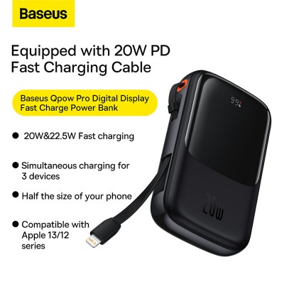 Портативный аккумулятор BASEUS Qpow Pro Digital Display Fast Charge 20W iP Edition, 3A, 10000 мА⋅ч, черный, с кабелем Ty Портативный аккумулятор BASEUS Qpow Pro Digital Display Fast Charge 20W iP Edition, 3A, 10000 мА⋅ч, черный, с кабелем Ty