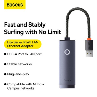 Переходник/Адаптер BASEUS Lite Series Ethernet Adapter (Aluminum Alloy), USB A- RJ45 (100Mbps), серый Переходник/Адаптер BASEUS Lite Series Ethernet Adapter (Aluminum Alloy), USB A- RJ45 (100Mbps), серый