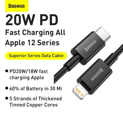Кабель USB-C BASEUS Superior Series Fast Charging, Type-C - Lightning, 20W, 2 м, черный Кабель USB-C BASEUS Superior Series Fast Charging, Type-C - Lightning, 20W, 2 м, черный