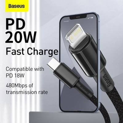 Кабель USB-C BASEUS High Density Braided, Type-C - Lightning, 20W, 2 м, черный Кабель USB-C BASEUS High Density Braided, Type-C - Lightning, 20W, 2 м, черный
