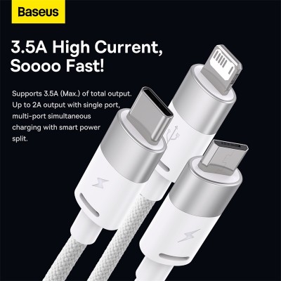 Кабель USB BASEUS StarSpeed 1-for-3 Fast Charging Data, USB - MicroUSB+Type-C+Lightning, 3.5A, 1.2 м, белый Кабель USB BASEUS StarSpeed 1-for-3 Fast Charging Data, USB - MicroUSB+Type-C+Lightning, 3.5A, 1.2 м, белый
