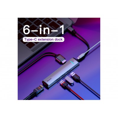 Переходник/Адаптер BASEUS Mechanical eye 6-in-1, Разветвитель, Type-C - 3xUSB3.0 + HDMI + RJ45 + PD, серый Переходник/Адаптер BASEUS Mechanical eye 6-in-1, Разветвитель, Type-C - 3xUSB3.0 + HDMI + RJ45 + PD, серый