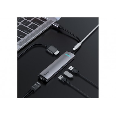 Переходник/Адаптер BASEUS Mechanical eye 6-in-1, Разветвитель, Type-C - 3xUSB3.0 + HDMI + RJ45 + PD, серый Переходник/Адаптер BASEUS Mechanical eye 6-in-1, Разветвитель, Type-C - 3xUSB3.0 + HDMI + RJ45 + PD, серый