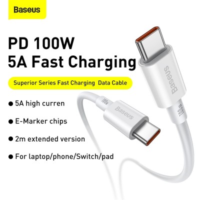 Кабель USB-C BASEUS Superior Series Fast Charging, Type-C - Type-C, 100W, 2 м, белый Кабель USB-C BASEUS Superior Series Fast Charging, Type-C - Type-C, 100W, 2 м, белый