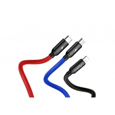 Кабель USB BASEUS Three Primary Colors 3-in-1, USB - MicroUSB+Type-C+Lightning, 3.5A, 1.2 м, черный Кабель USB BASEUS Three Primary Colors 3-in-1, USB - MicroUSB+Type-C+Lightning, 3.5A, 1.2 м, черный