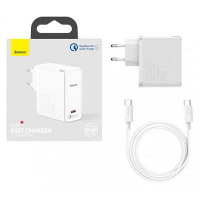 Зарядное устройство BASEUS GaN2 Fast Charger USB-C + Кабель Type-C-Type-C, 3A, 100W, белый Зарядное устройство BASEUS GaN2 Fast Charger USB-C + Кабель Type-C-Type-C, 3A, 100W, белый