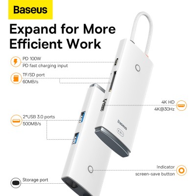 Переходник/Адаптер BASEUS Lite Series 6-Port, Разветвитель, Type-C - 2*USB3.0+HDMI+PD+SD/TF, белый Переходник/Адаптер BASEUS Lite Series 6-Port, Разветвитель, Type-C - 2*USB3.0+HDMI+PD+SD/TF, белый