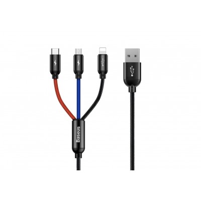 Кабель USB BASEUS Three Primary Colors 3-in-1, USB - MicroUSB+Type-C+Lightning, 3.5A, 1.2 м, черный Кабель USB BASEUS Three Primary Colors 3-in-1, USB - MicroUSB+Type-C+Lightning, 3.5A, 1.2 м, черный