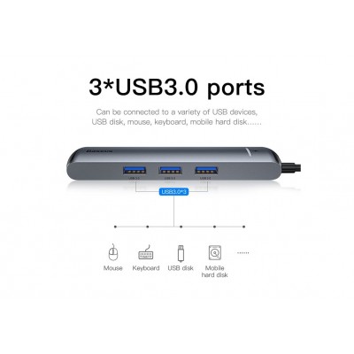 Переходник/Адаптер BASEUS Mechanical eye 6-in-1, Разветвитель, Type-C - 3xUSB3.0 + HDMI + RJ45 + PD, серый Переходник/Адаптер BASEUS Mechanical eye 6-in-1, Разветвитель, Type-C - 3xUSB3.0 + HDMI + RJ45 + PD, серый